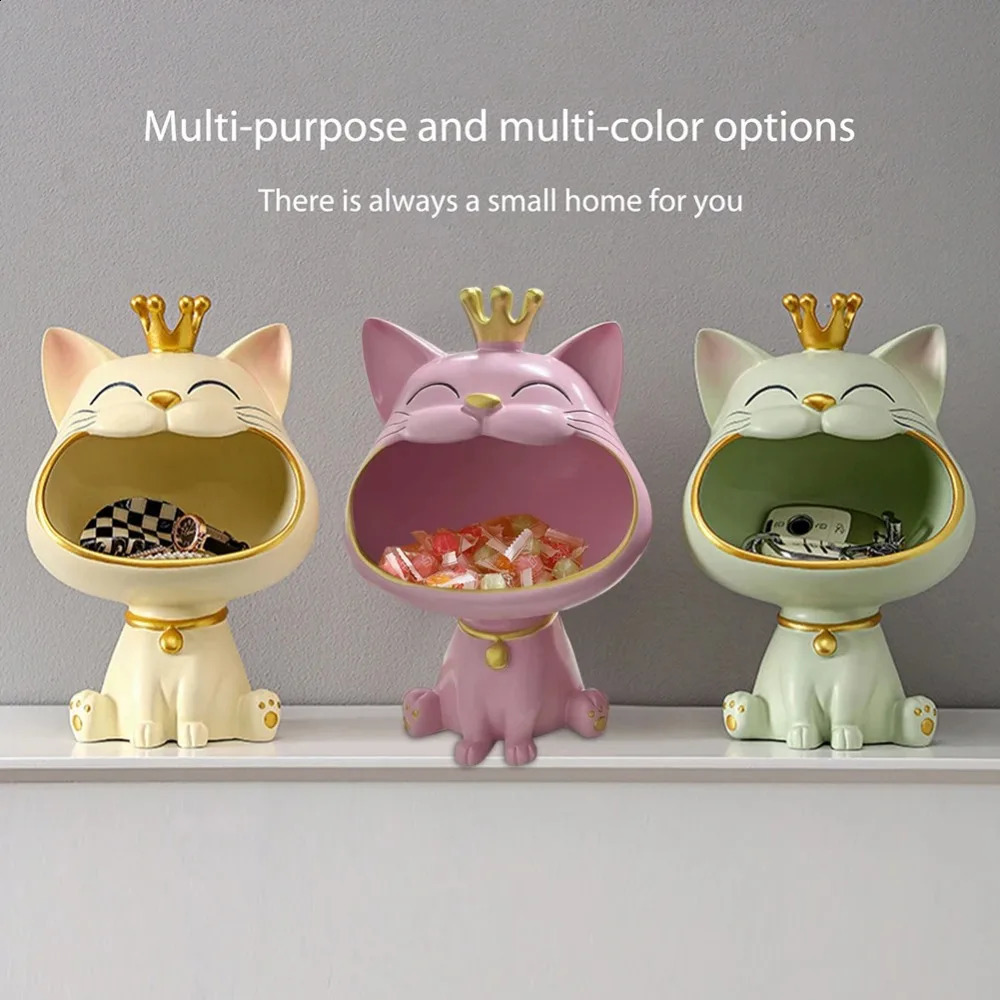 Lucky Cat Statue Fortune Crown Big Mouth Cat Statue Entrance Key Storage Tray Housewarming Gift Sculpture Decorative 240816