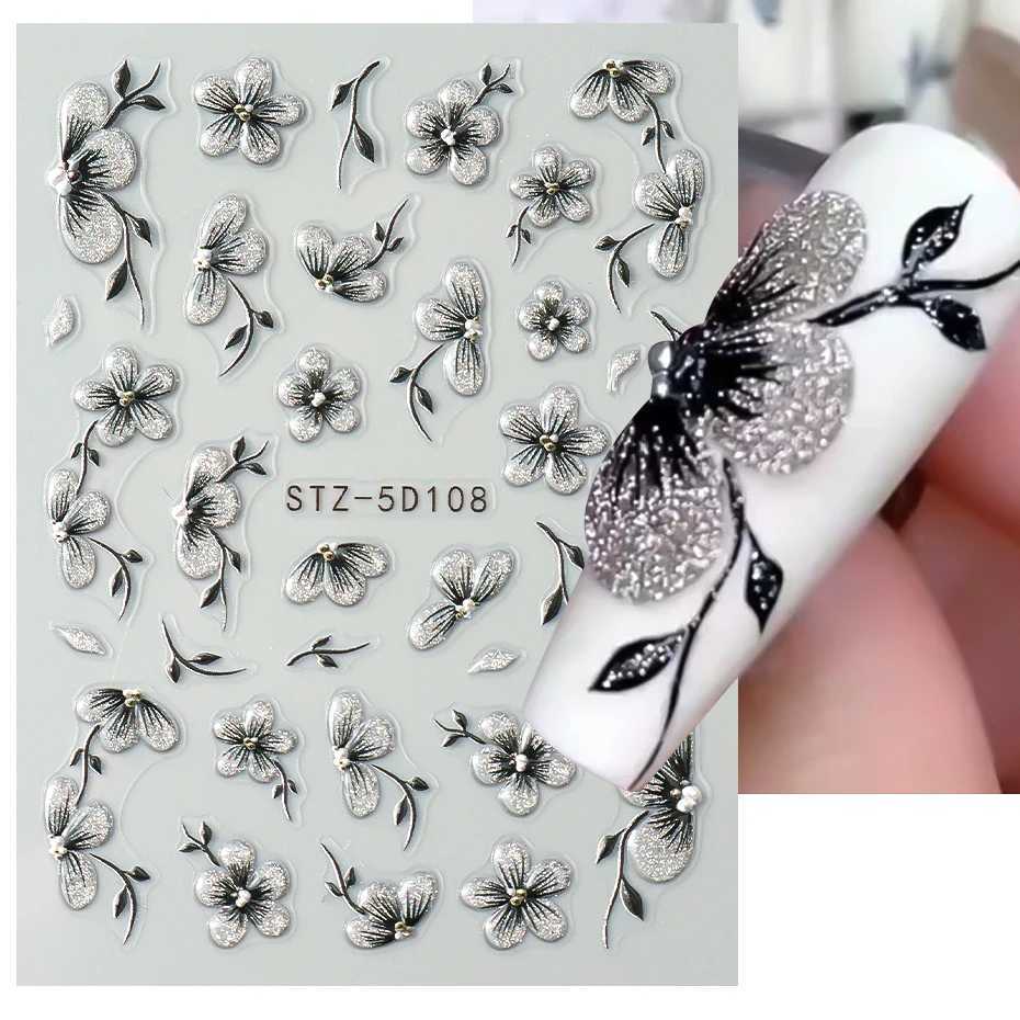 5D Acrylic Glitter Black Flower Nail Art Sticker Decals Watercolor Ink Blooming Floral Leaf Self-adhesive Slider Manicure DecorXJ250120