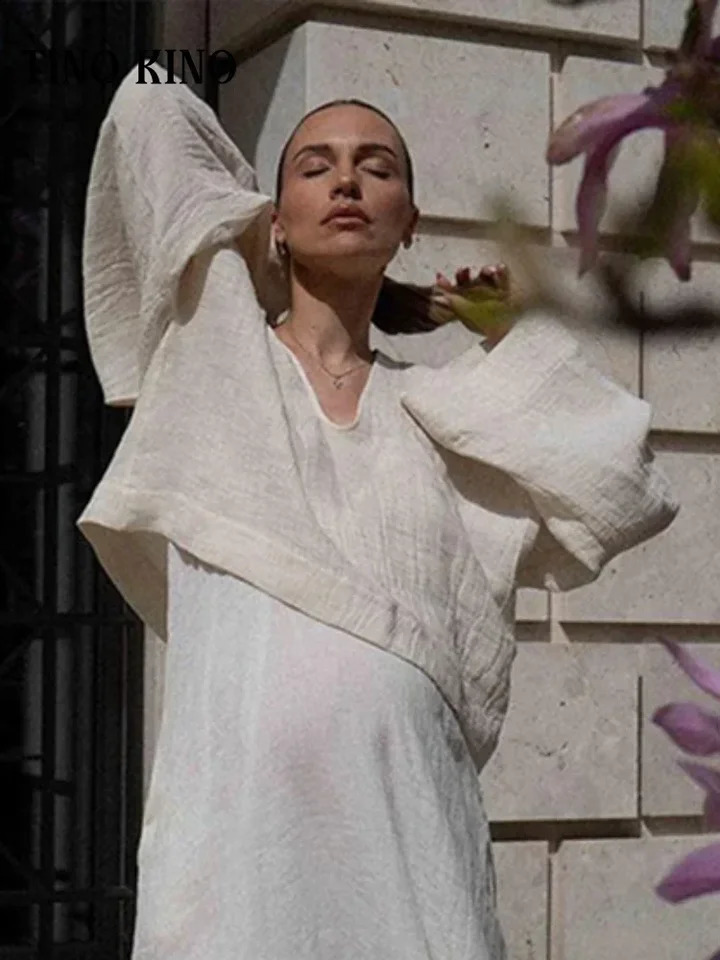 Casual lace backless womens shirt loose Vneck long sleeved pure cotton autumn item oversized vacation 240814