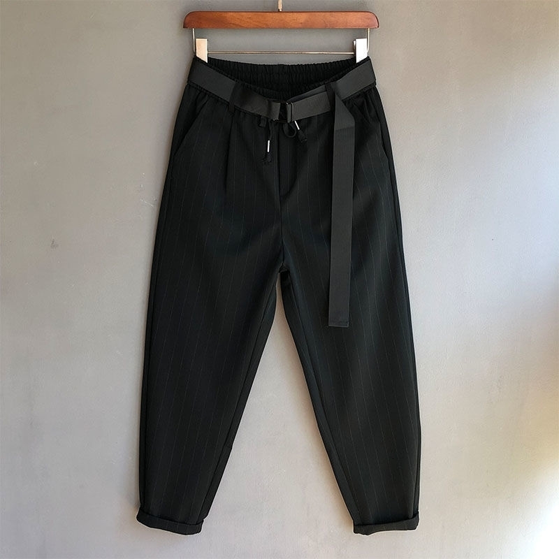 Idopy Fashion Mens Harem Jogger Striped Ankle Length Belt Dress Hip Hop Street Clothing Hip Hop Mens Pants 240815