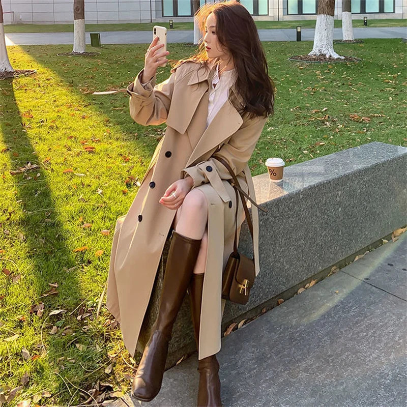 Street loose trench coat Midi length fashionable Korean elegant khaki black womens windproof casual double chest top 240814