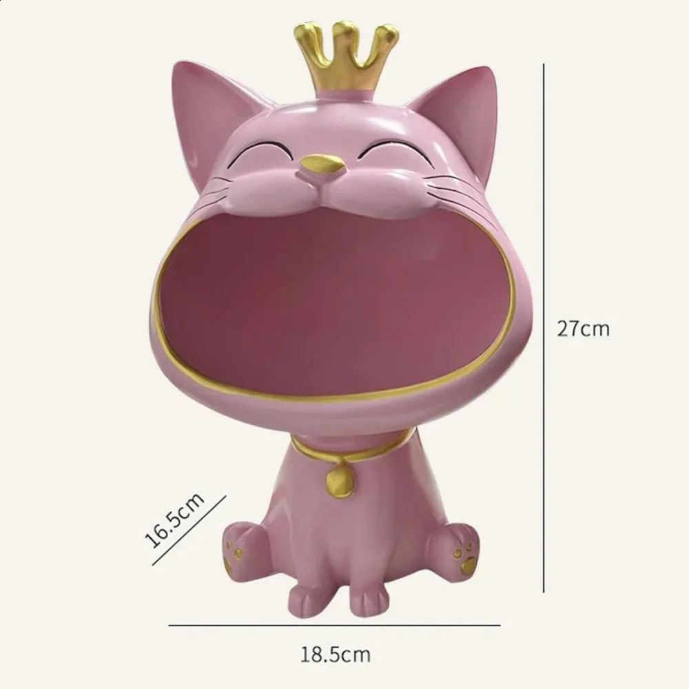 Lucky Cat Statue Fortune Crown Big Mouth Cat Statue Entrance Key Storage Tray Housewarming Gift Sculpture Decorative 240816