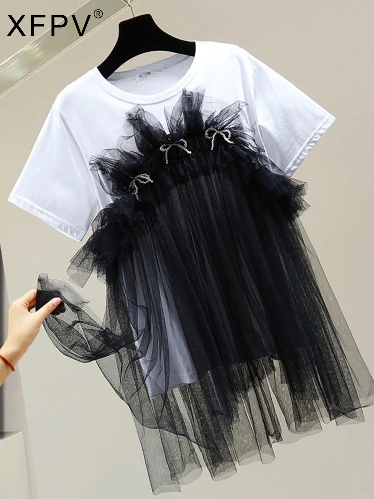 XFPV Womens Mesh Splicing Loose Slimming Comparison Beaded Bow Top Y2k T-shirt Round Neck Short Sleeve Sweet Korean Summer SM2782 240816