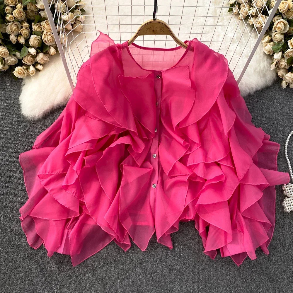 Autumn Blouse for Women Fashion O-neck Long Puff Sleeve Flounced Edge Shirts French Chic Versatile Female Tops Drop 240815