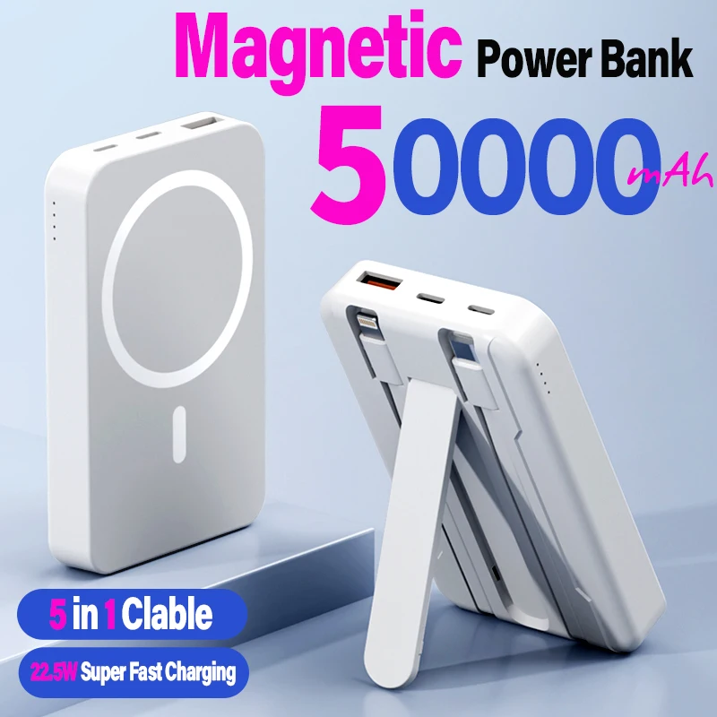 5000mAh Magnetic Power Bank for iPhone 15 14 13 22.5W 15W Fast Charging Wireless Powerbank With Cable Holder for Samsung Xiaomi