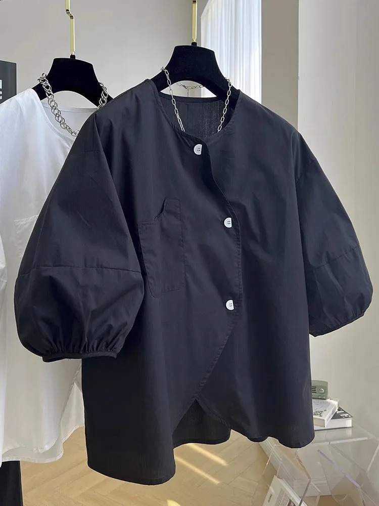 Elegant French Asymmetrical Button Chic Tshirt Tees Women Buttons Summer Short Sleeve Shirt Korean Fashion Top 240816