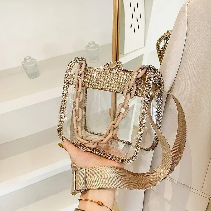 PVC Transparent Shoulder Crossbody Bag for Women Rhinestone Thick Chain Ladies Small Purse and Handbags Fashion Jelly Beach Tote 240816