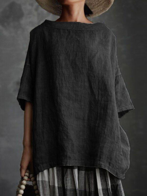 2021 Summer New Top Woven Round Neck Cotton Linen Style Solid Color Loose Women's T-shirt