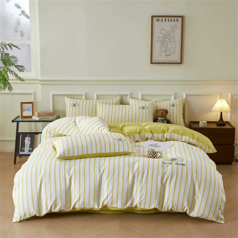 Cute Bear Bedding Set For Kids Girls Washed Cotton Stripe Duvet Cover Embroidery Bed Flat Sheet Set Queen King Four Piece SetsM240816