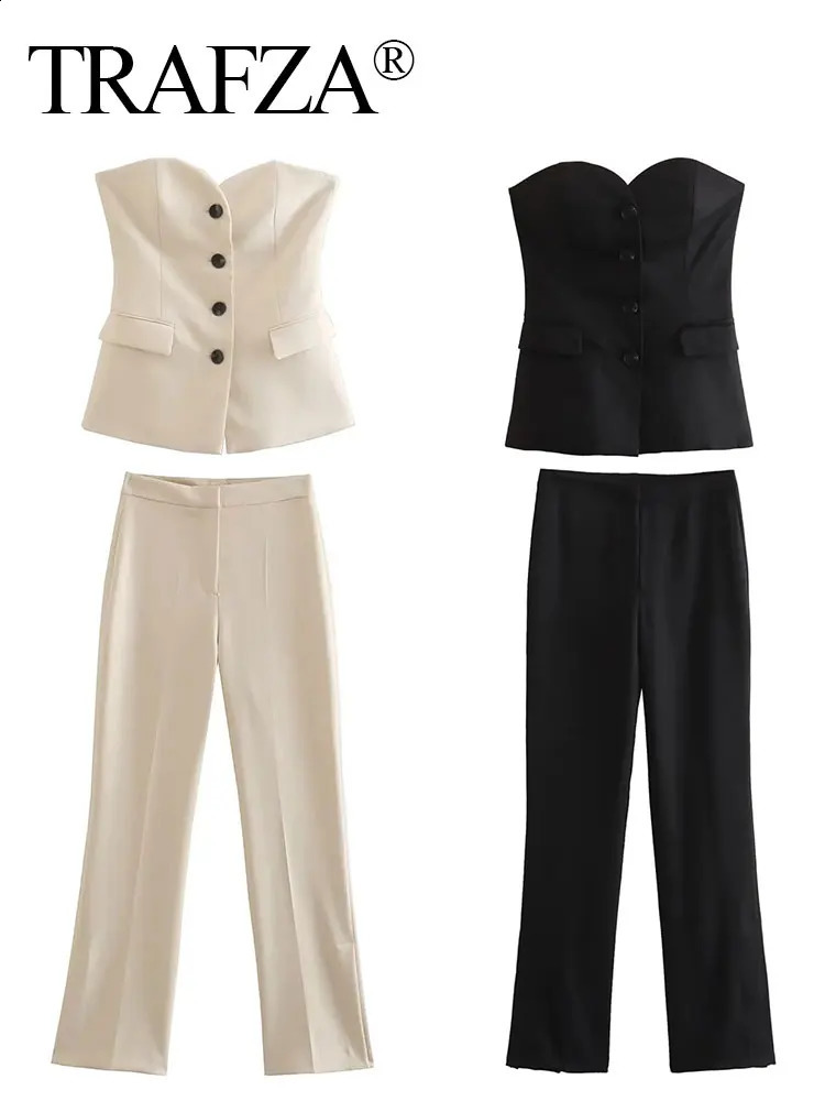 TRAFZA Women Elegant Solid Pant Suit Front Button Strapless Sexy Tank Tops Side Slit Trouser Female Fashion Streetwear Sets Y240829