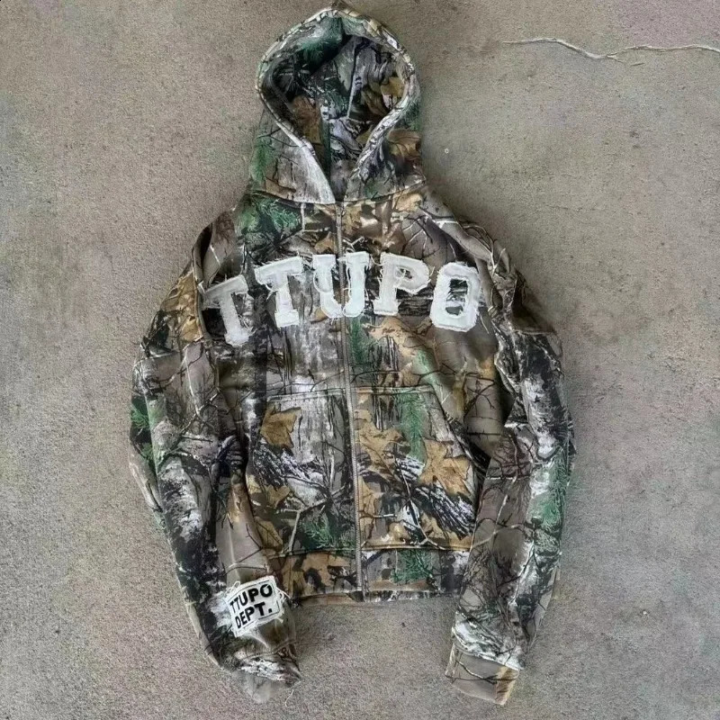 American style trendy letter embroidery camouflage pattern oversized hoodie mens Y2K street Harajuku loose zipper sweatshirt 240815