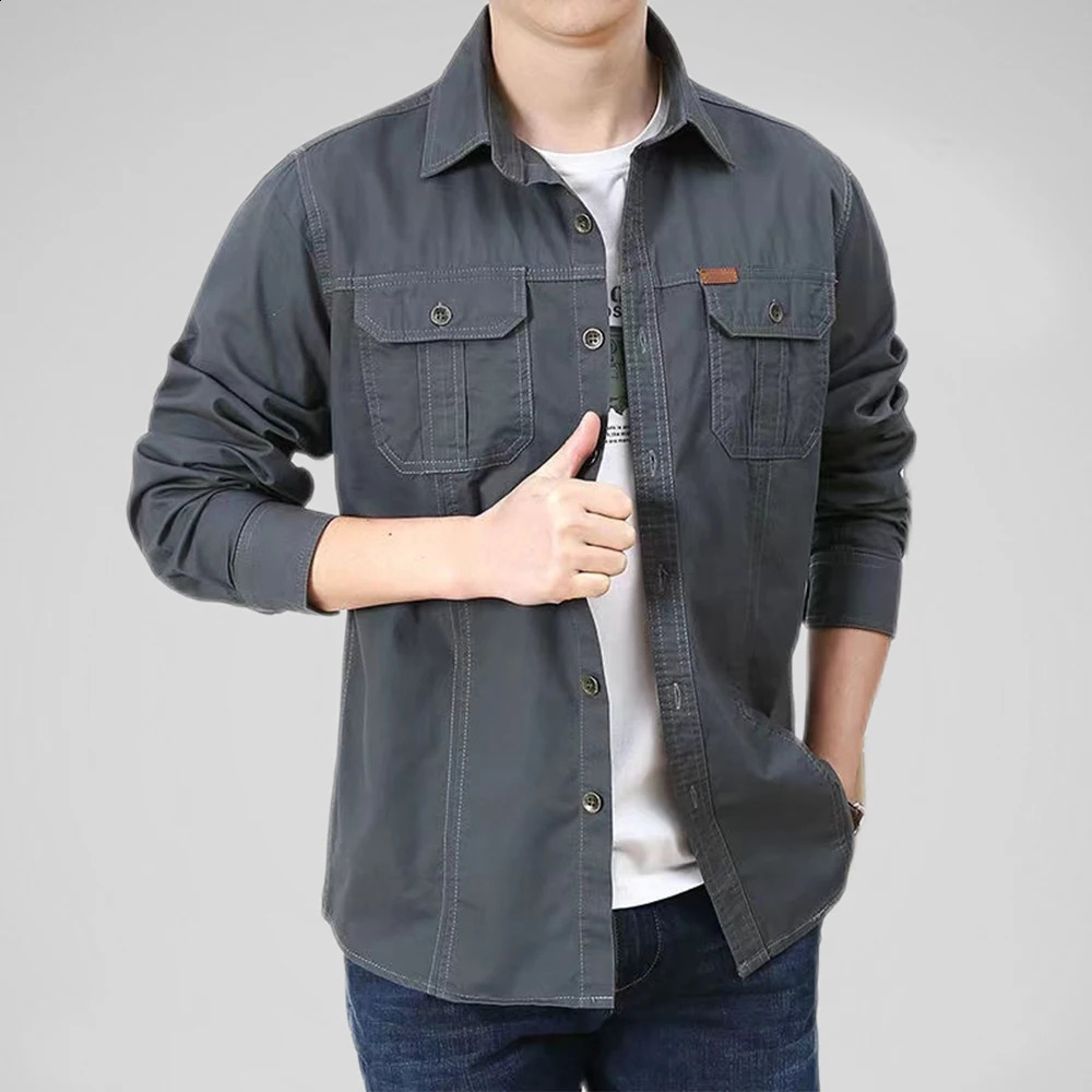 100% Cotton Mens Shirt Solid Color Multi-Pocket High Quality Cargo Shirts Fashion Outdoor Casual Long Sleeve Shirts for Men