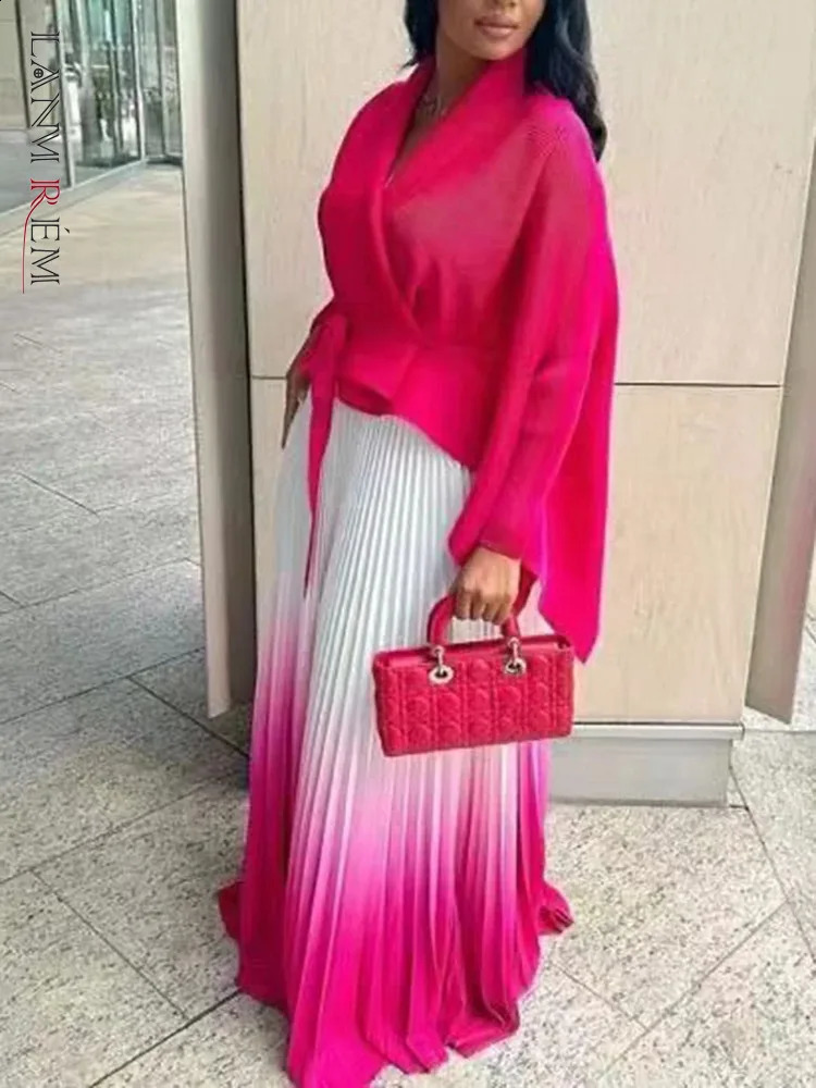 LANMREM Gradient Pleated Fashion 2 Piece Set Women Belt Batwing Sleeves Tops A-line Long Dresses Elegant Party Sets 32C1389 240815