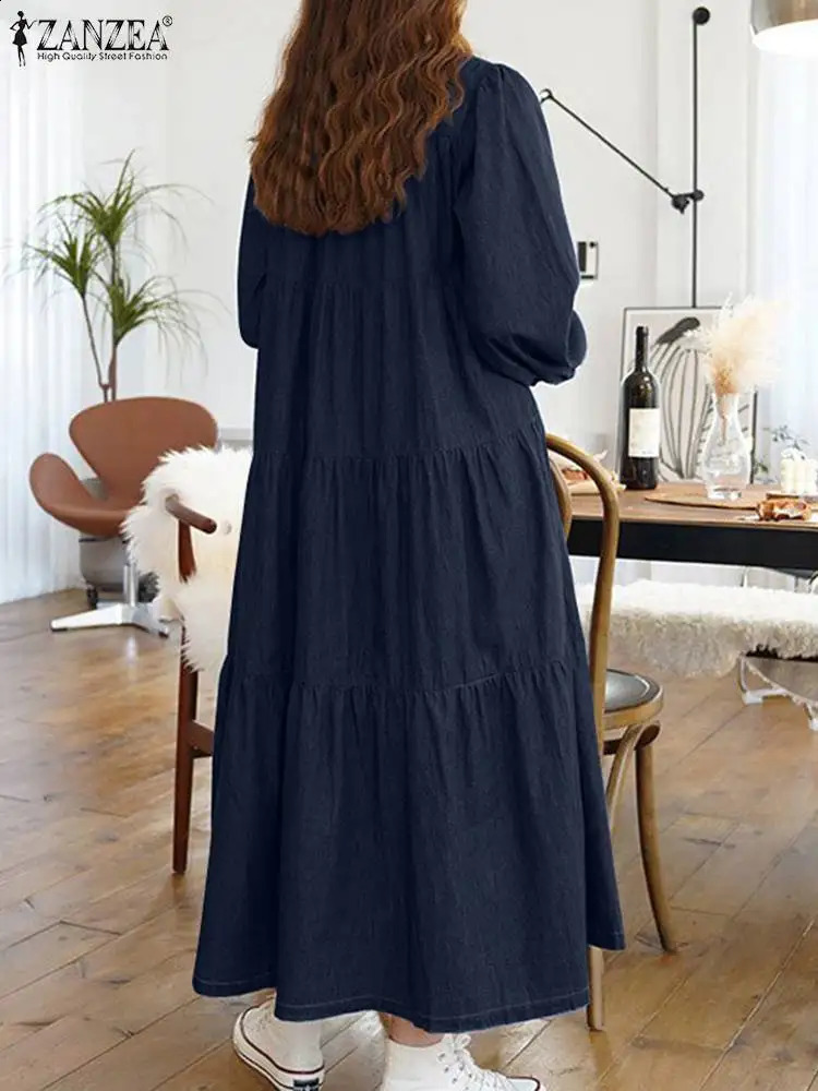 Oversized Women Denim Long Dresses ZANZEA Fashion V-neck Solid Robes Korean Fashion Long Sleeve Vestidos Casual Autumn Dresses 240816