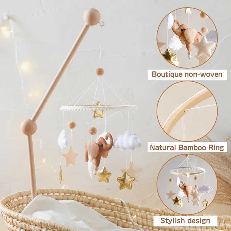 Lets make a wooden baby rattlesnake cartoon elephant cloud moon soft felt hammock Bell mobile Flat noodles Montessori educational toys W240815