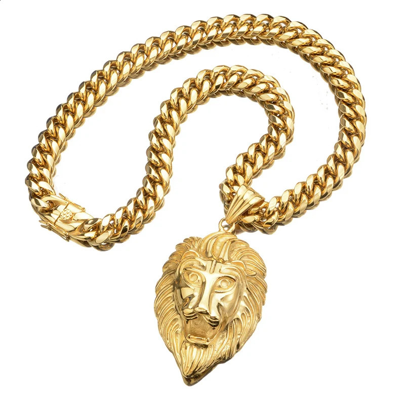 Hip Hop Bling Gold Stainless Steel Lion Pendant Necklace for Mens Rap Singer Jewelry with 14mm Wide Cube Chain 240810