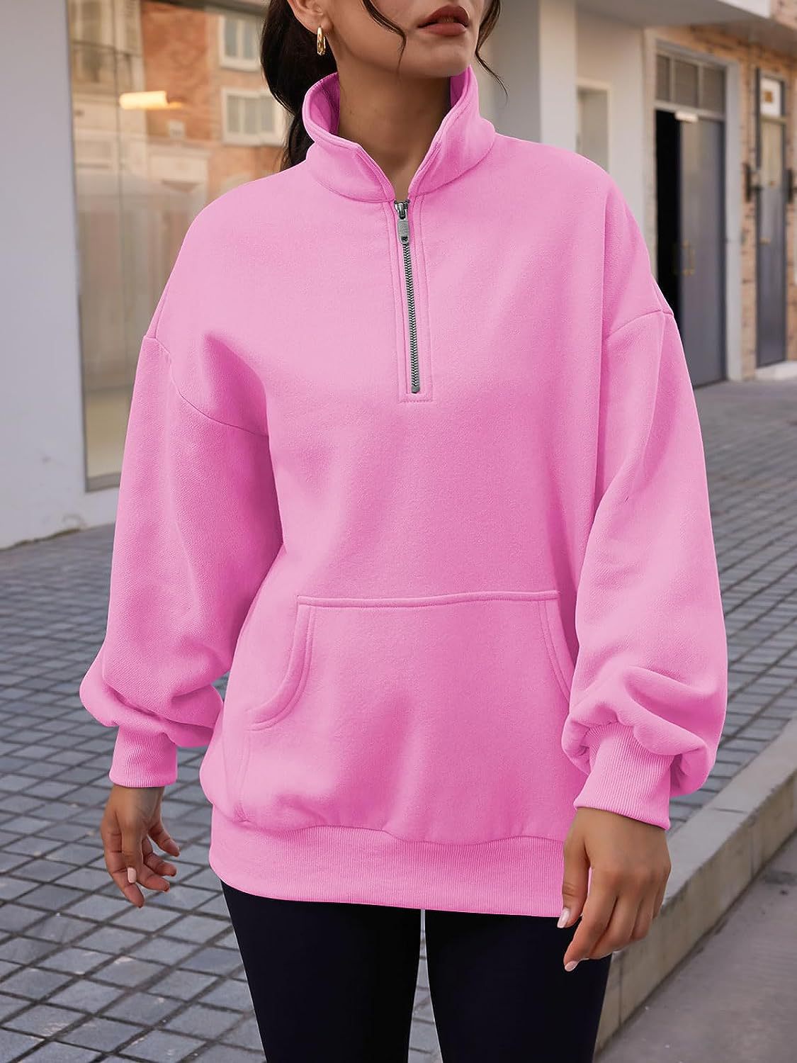 Stand Collar Casual Sweatshirts Half Zip Women Cropped Pullover Thumb Hole Overzised Hoodie Solid Color Plus Size Casual Sweater