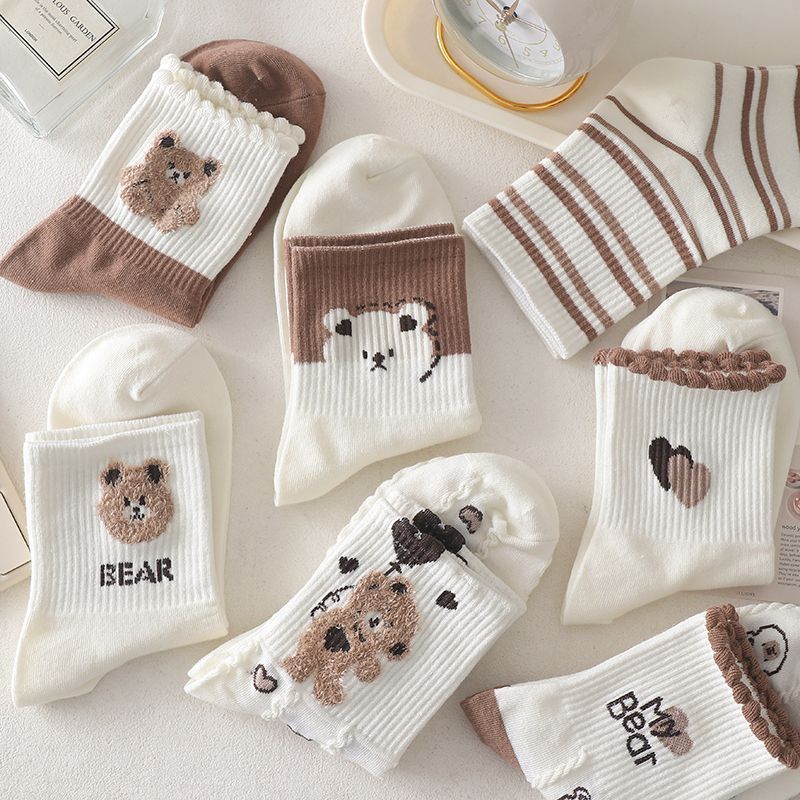Coffee colored teddy bear socks children's mid tube ins trendy Korean version cotton socks Japanese cute student sports autumn and winter long so