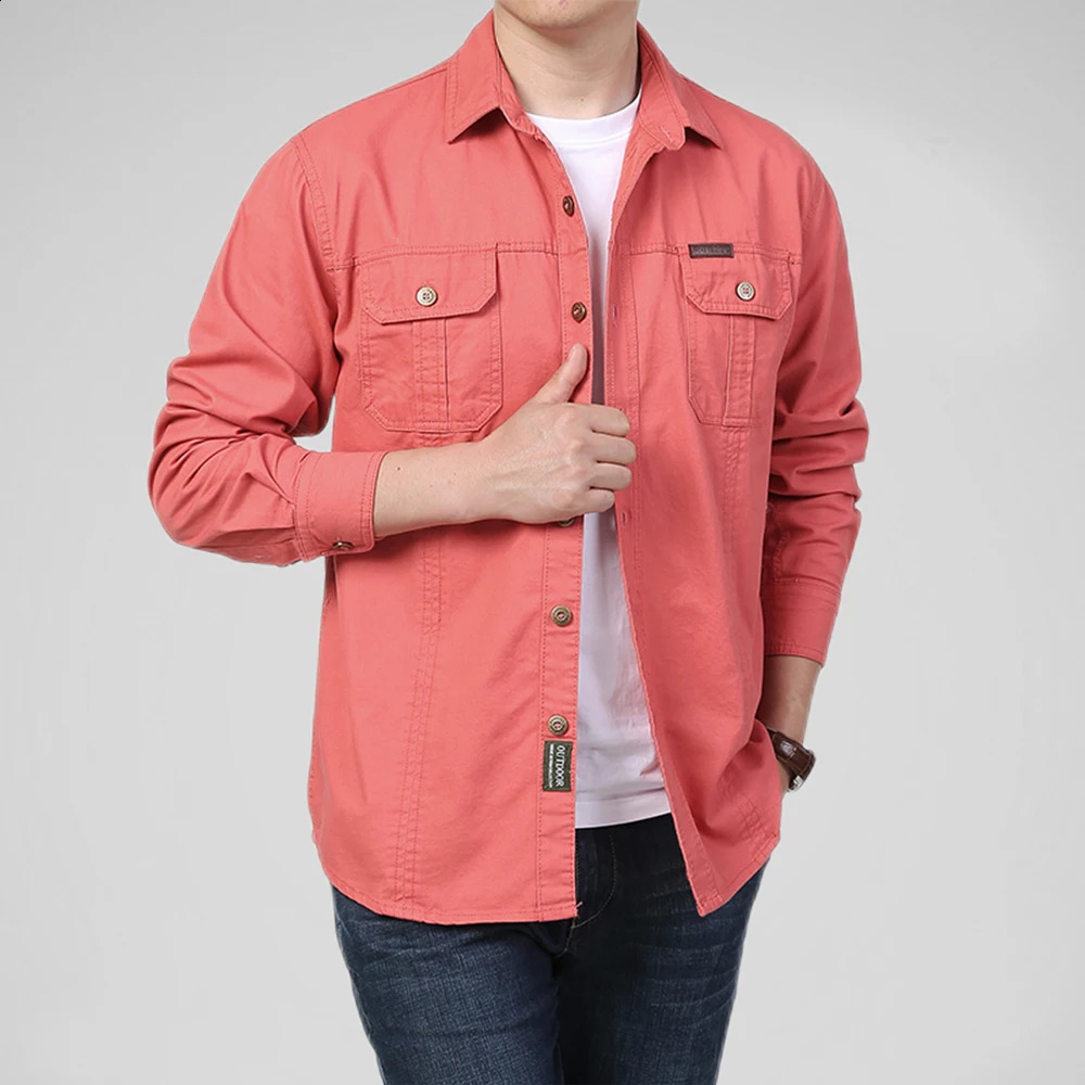 100% Cotton Mens Shirt Solid Color Multi-Pocket High Quality Cargo Shirts Fashion Outdoor Casual Long Sleeve Shirts for Men