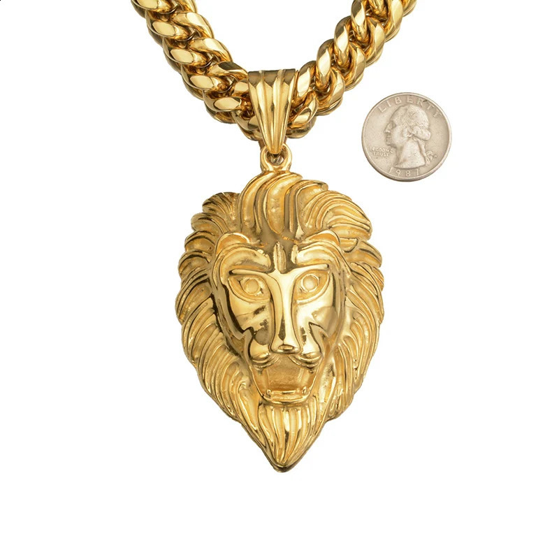 Hip Hop Bling Gold Stainless Steel Lion Pendant Necklace for Mens Rap Singer Jewelry with 14mm Wide Cube Chain 240810