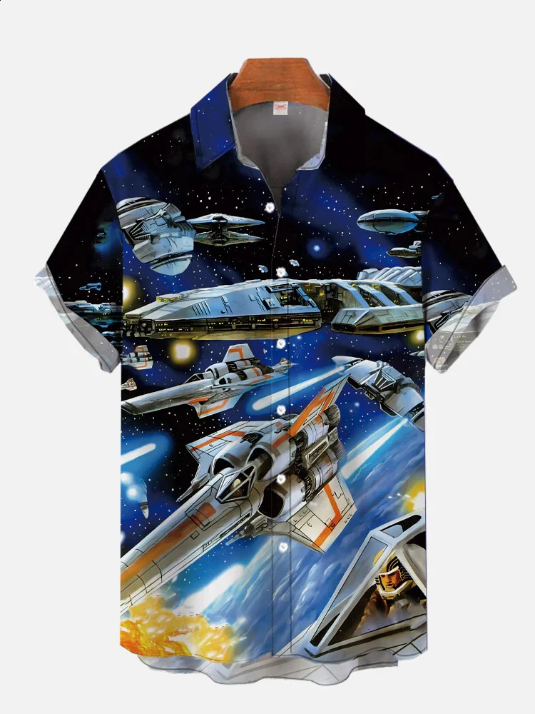 Mens Shirt Red And White Stitching Robot Technology Psychedelic All Terrain Armored Walker Printing Short Sleeve Shirts 240816