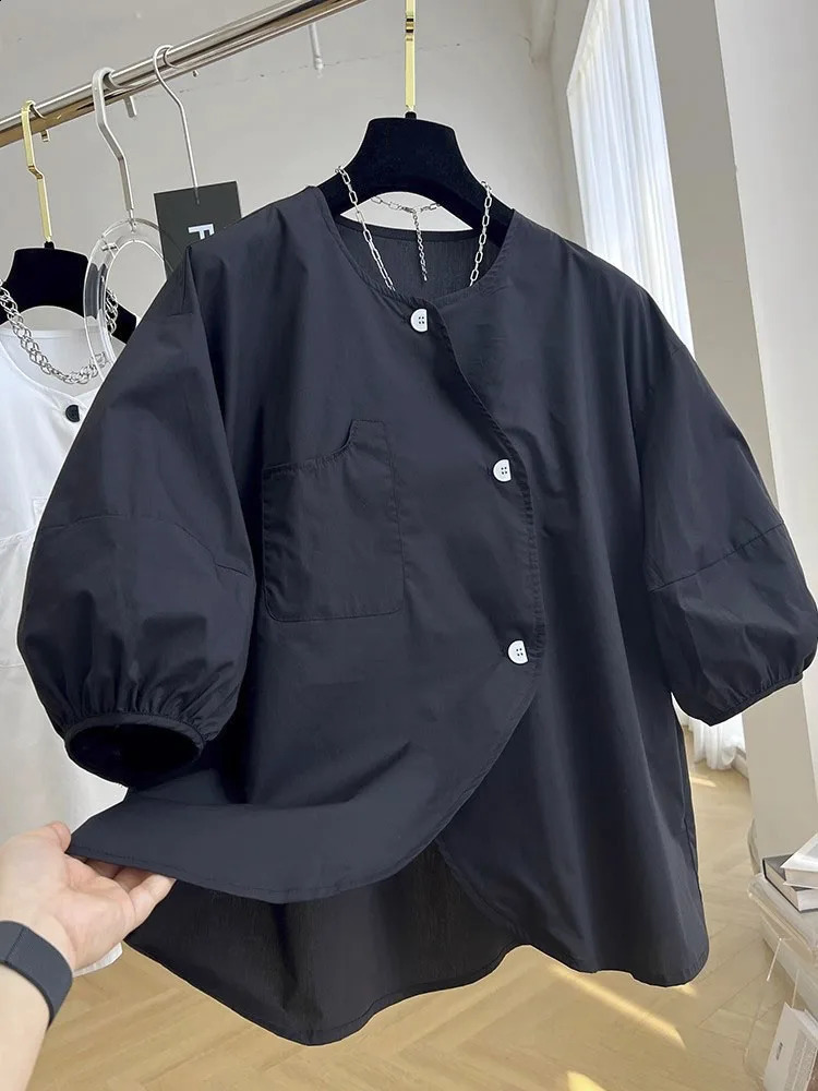 Elegant French Asymmetrical Button Chic Tshirt Tees Women Buttons Summer Short Sleeve Shirt Korean Fashion Top 240816