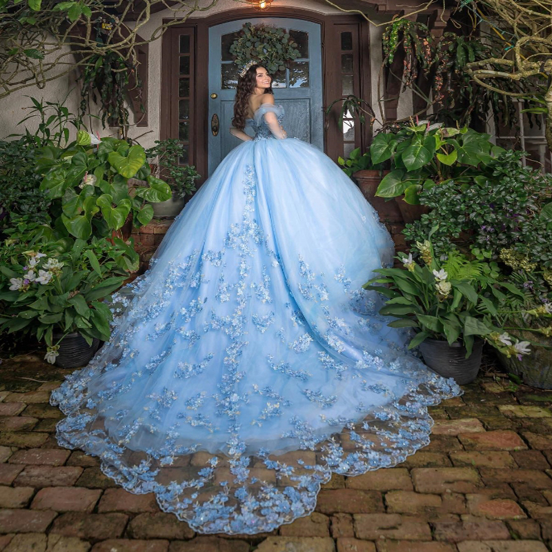 Charming Quinceanera Dresses Ball Gown Off The Shoulder Classic 3D wer Applique Crystal Sweet 16 Dress Vestidos De 15 Anos