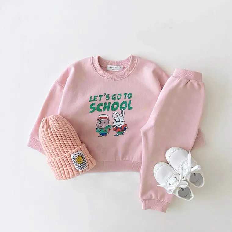 Long sleeved set cartoon spring autumn clothing cartoon printed sportswear+Trousers two-piece childrens new solid color set W240822