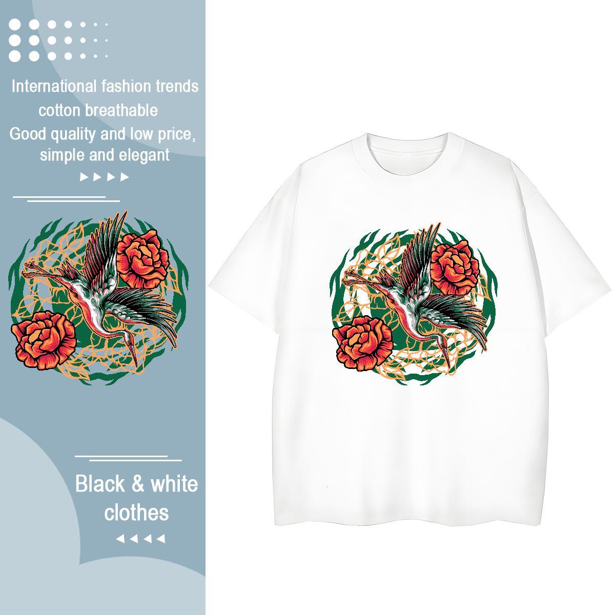 2024 Casual Women T Shirts O-Neck Short Sleeve 230g Cotton Women Tshirts Cartoon Floral Printing eagle Spring Summer High quality Tee Shirt