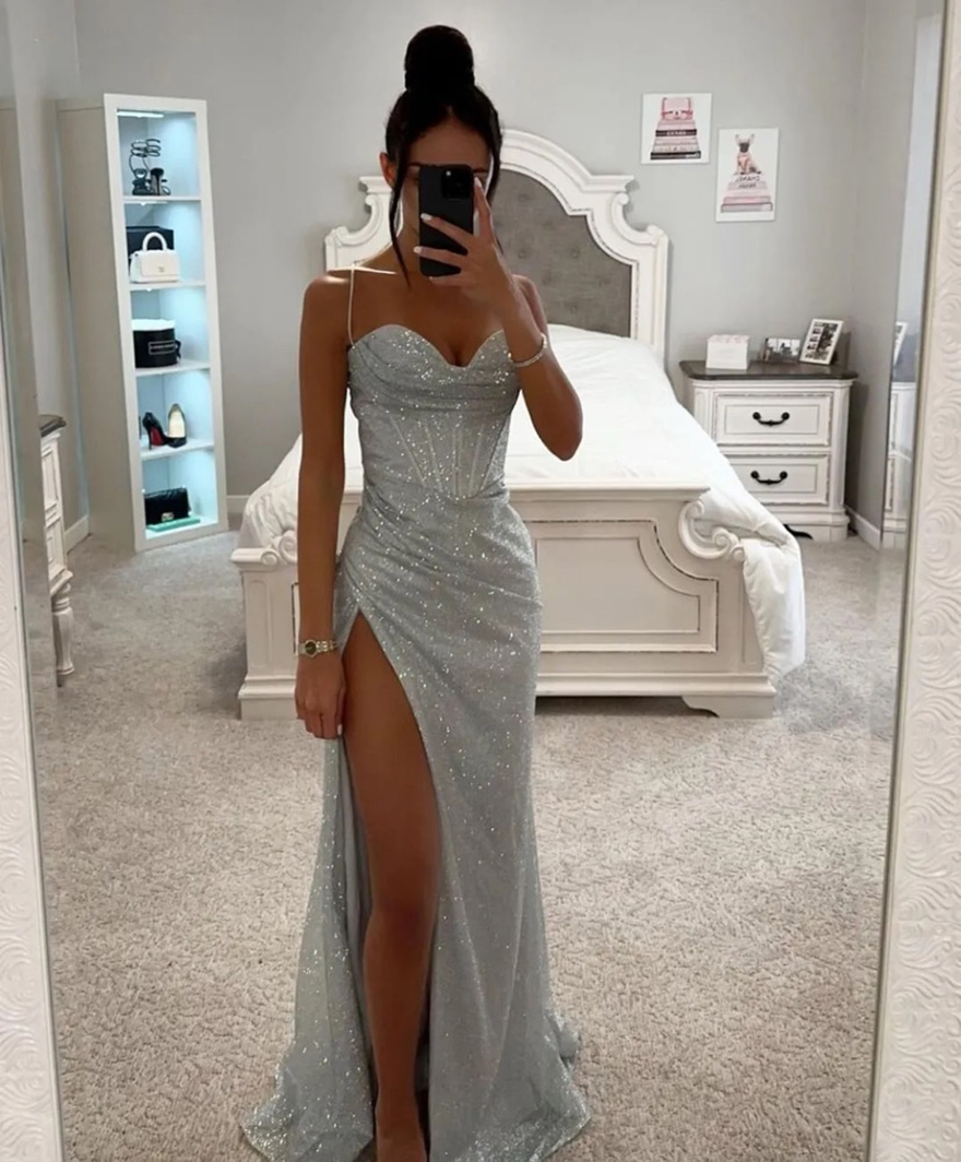 Sexy Sier Sheath Prom Dresses Long For Women Sweetheart Spaghetti Straps High Side Split Evening Party Birthday Pageant Gowns Formal Wear Special Ocn 