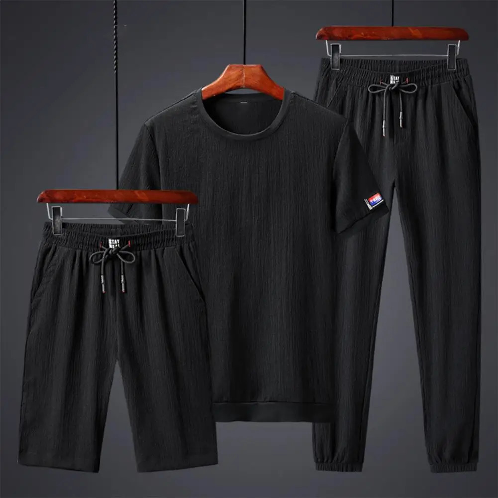 Mens 3 Piece Fashion Sports Suit Men T-shirt Shorts Trousers Ice Silk Gym Outfit Jogging Polyester Men Sportwear Set Streetwear 240821
