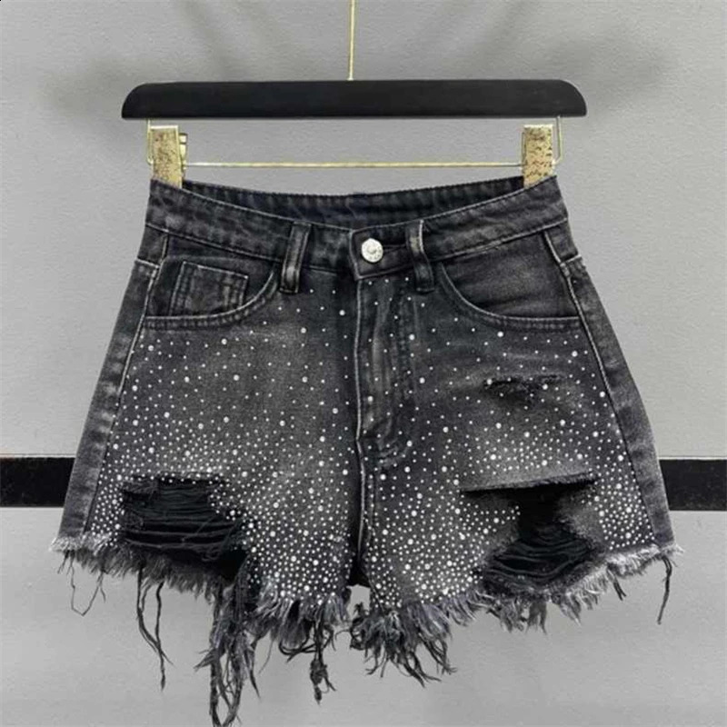 Women Clothing Summer Korean Sexy Holes Rhinestone Streetwear Denim Short Pants Female High Waist Slim Y2K Club Jeans Shorts 240816