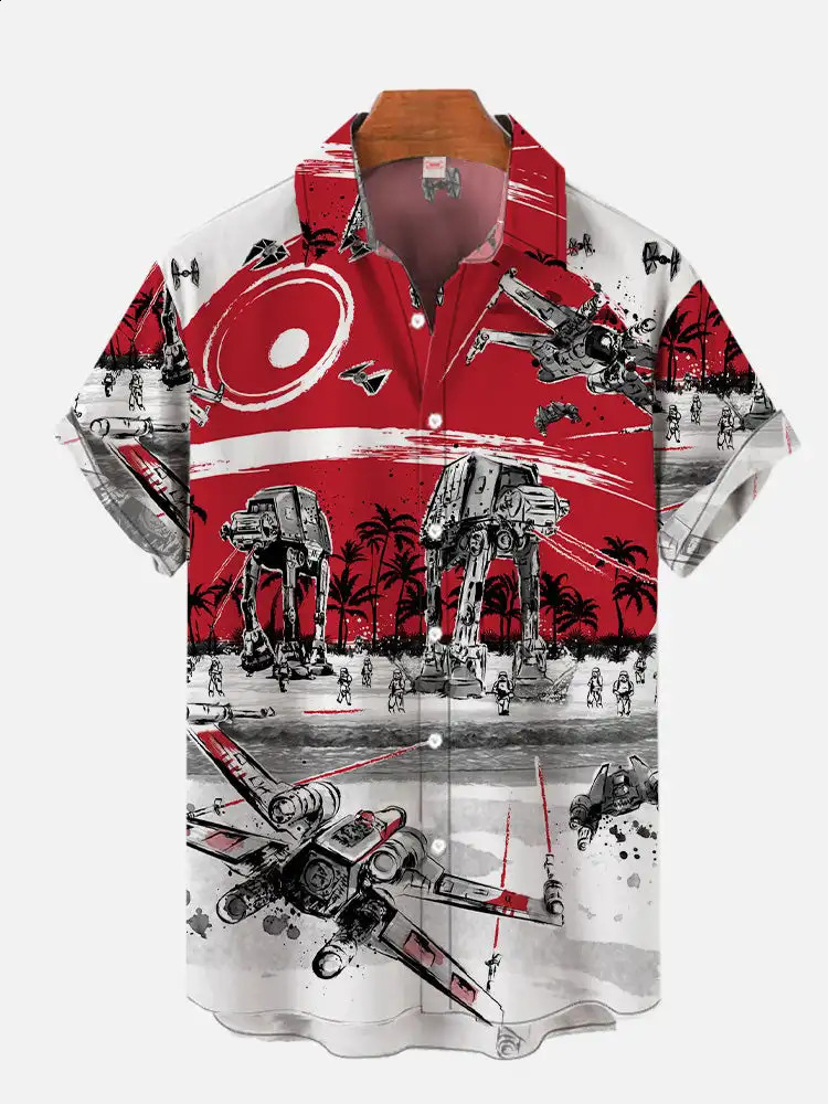 Mens Shirt Red And White Stitching Robot Technology Psychedelic All Terrain Armored Walker Printing Short Sleeve Shirts 240816