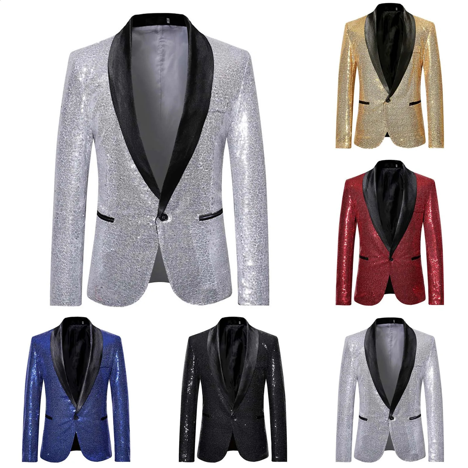 Men Casual Fashion Suit Black Sequin One Button Suit Jacket Bling Glitter Nightclub Prom DJ Blazer Jacket Stage Clothes 240815