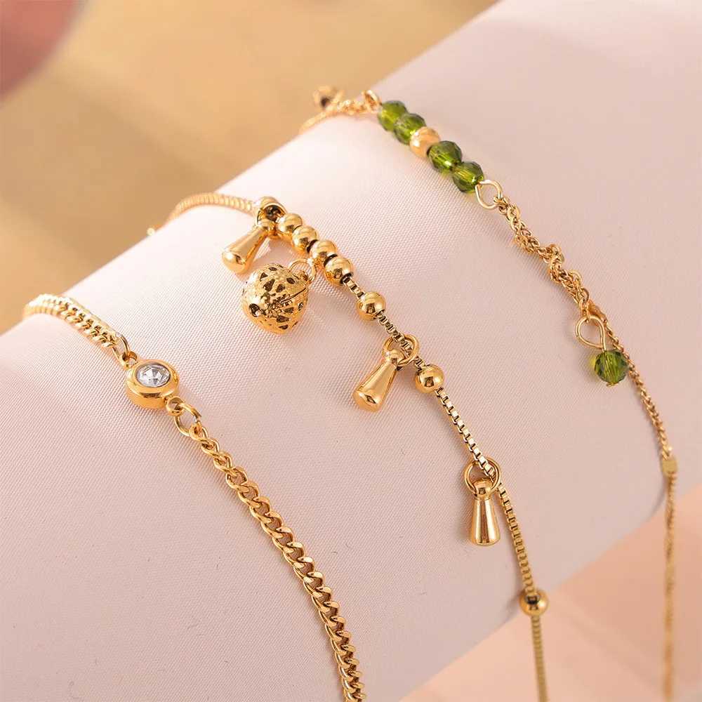 Luxury anklet womens stainless steel green crystal zircon pendant womens anklet chain jewelry summer accessories W240815