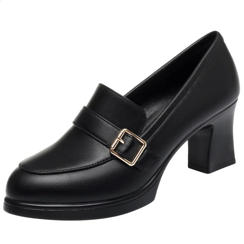 6cm 9cm Elegant Soft Leather Shoes Womens Black Platform Loafers Spring Block High Heels Shoes for Office Work Daily Mom 240815