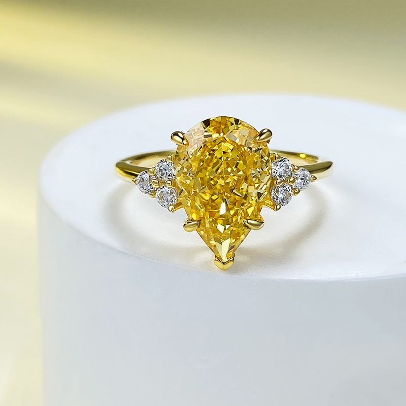 Real Sterg Sier Water Drop Yellow Moissanite Wedding Ring for Ladies fecb