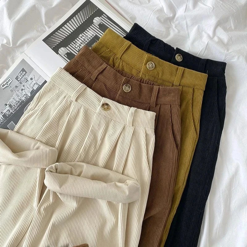 Vintage Corduroy Women Pants High Waist Coffee Wide Leg Fall Casual Korean Office Ladies Trousers 240816