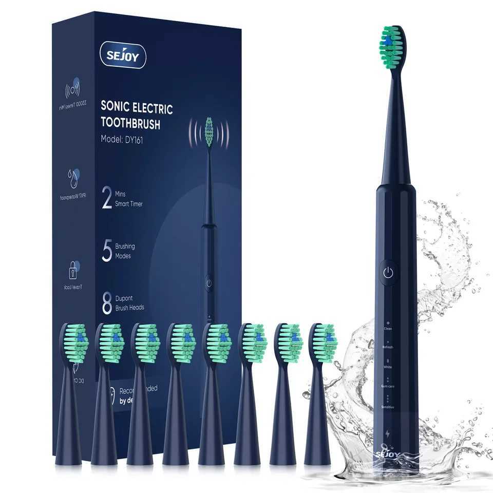 SEJOY Sonic Electric Toothbrush Teeth Whitening Vibration 5 Modes 8 Replacement Brush Heads USB RechargeableM240816
