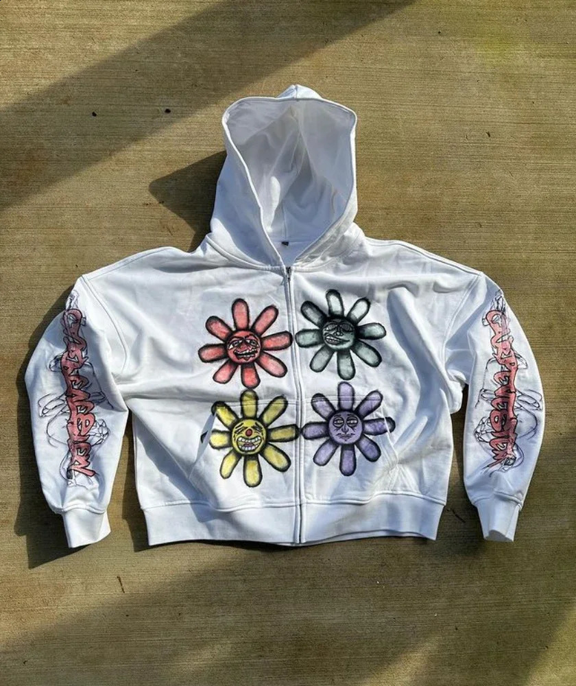 Y2K Harajuku Sunflower Printed Women Zipper Hoodie Retro Men and Women Street Leisure Loose Anime Hoodie sweatshirt 240815