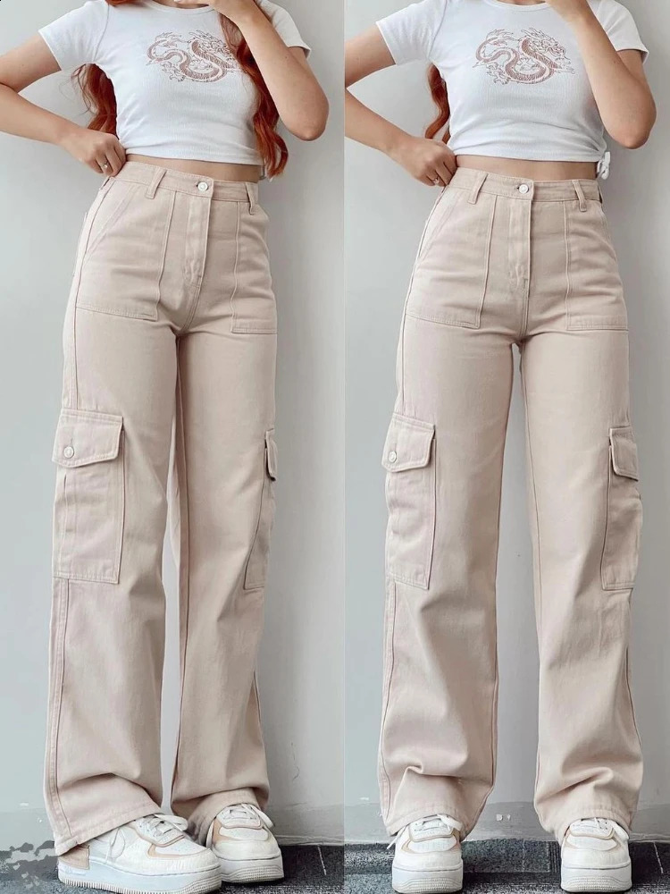 Y2K Women Vintage Cargo Pants Streetwear Techwear Korean Harajuku Parachute Pants Beige Sweatpants Wide Leg Joggers Trousers 240816
