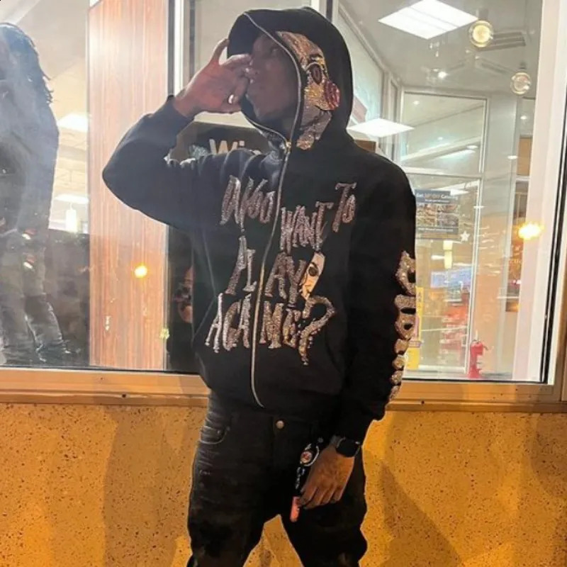 Men Y2K Fashion Hoodie Skull Rhinestone Zip Up Hoodie Grunge Womens Oversized Sweatshirt Punk Harajuku Long Sleeve Outerwear 240809