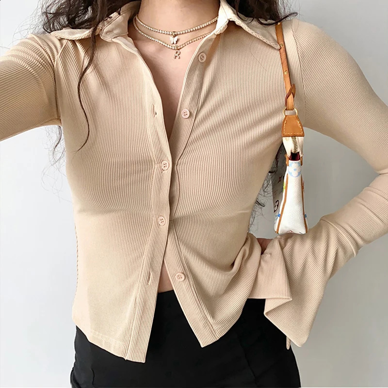 Blouses polo collar single breasted solid pullover five color womens slim fit long sleeved casual streetwear top 240814