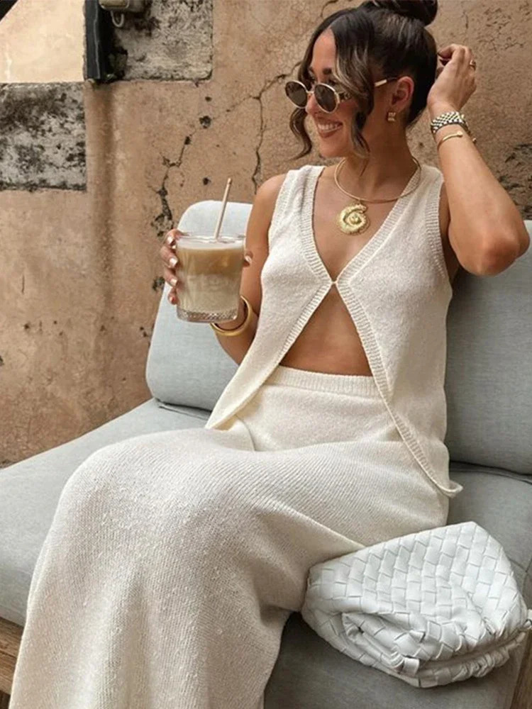 Knit White Tank Top Skirts Sets Women Casual V-neck Sleeveless One Button Vest Straight Skirt Female Suit Summer Beach Lady Set 240815