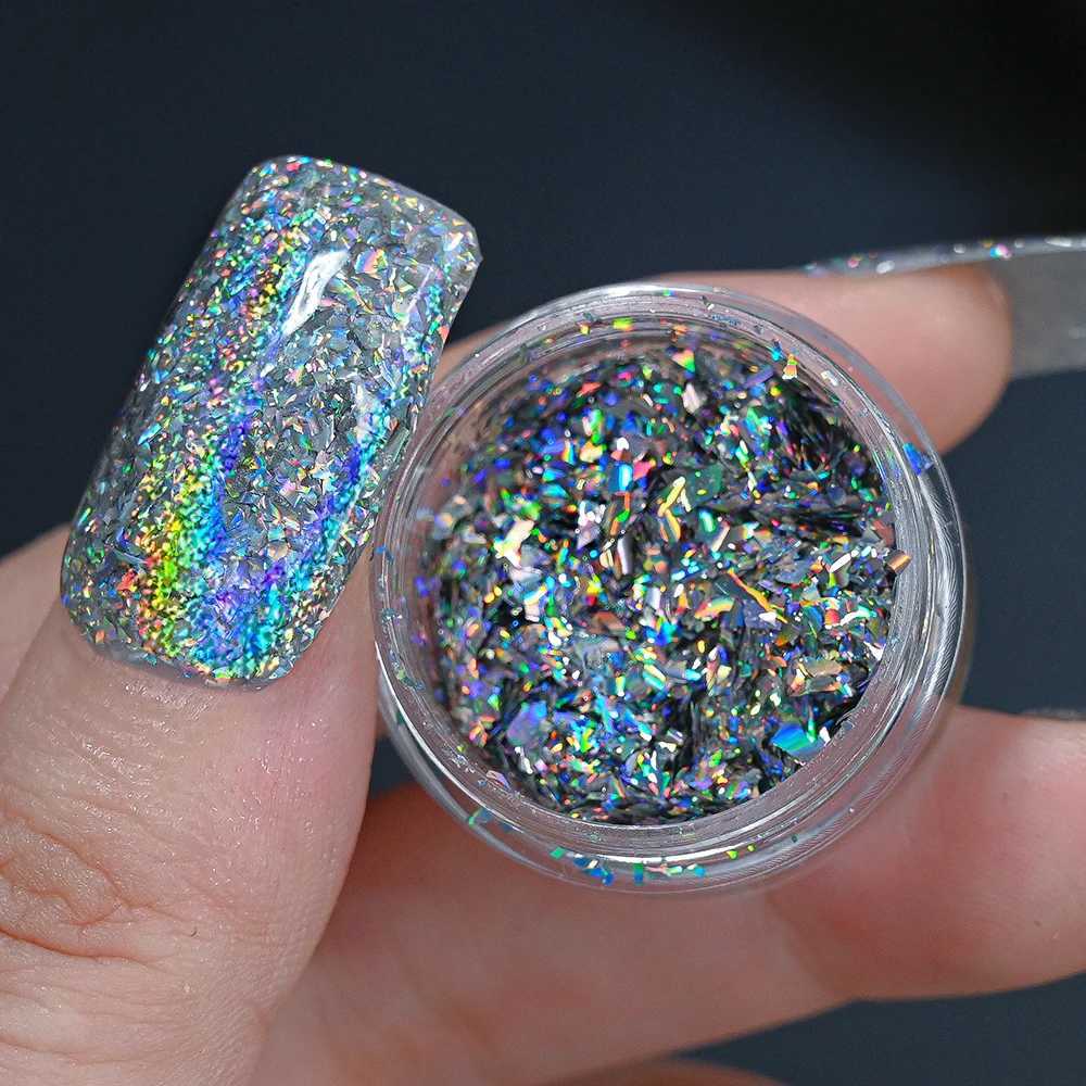 1Jar Laser Silver Nail Glitter Sequins - Iridescent Flakes Sparkling Laser Powder Holographic Glitter Flakes Manicure DecorationXJ240815