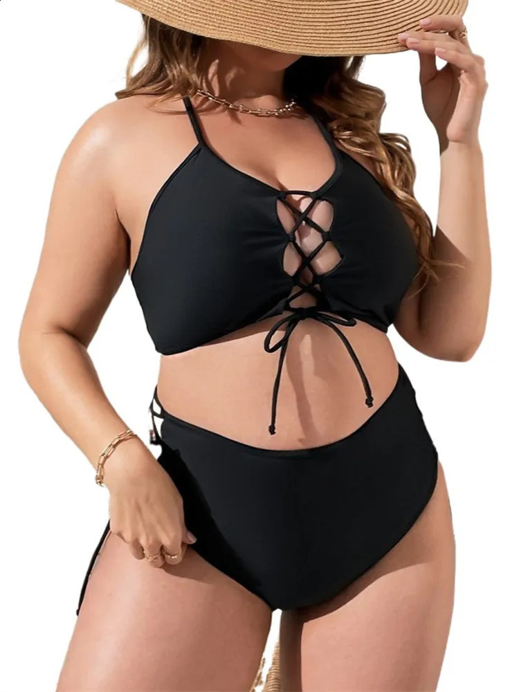 Plus Size Bikini Set Swimwear Women Sexy Swimming Black 2-Piece Swimsuit Push Up High Waist Beach Bathing Suit Monokini 240813