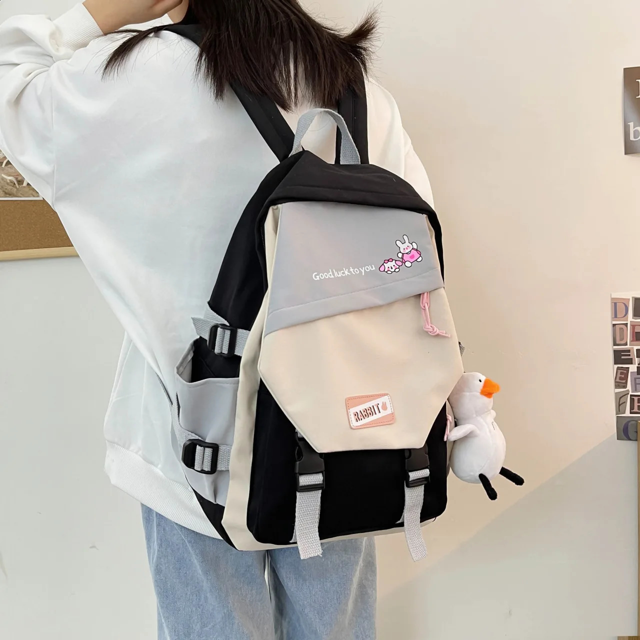 School bag womens Korean style simple high school student trend fashion school bag backpack trend gift duck pendant 240816