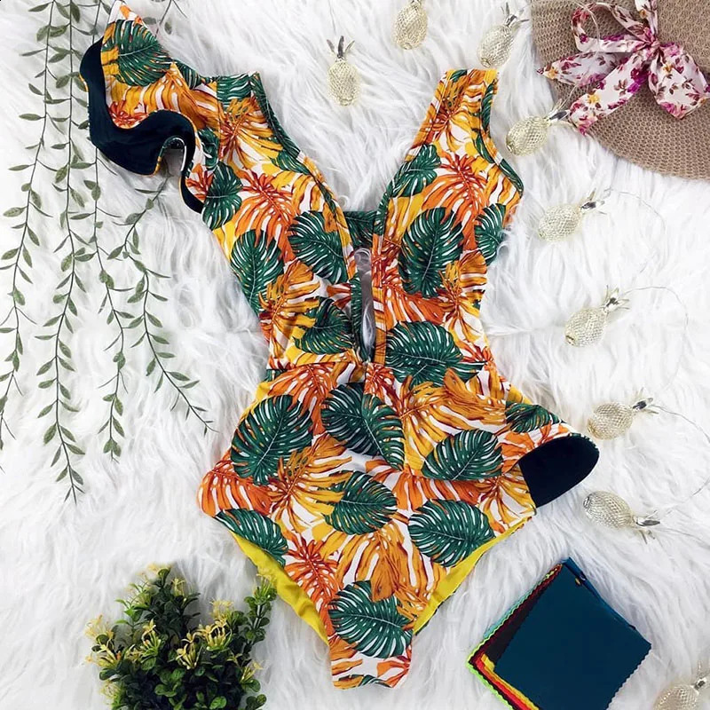 Womens swimsuit pleated onepiece sexy deep Vneck Monokini printed flower push up womens beach wear 240815