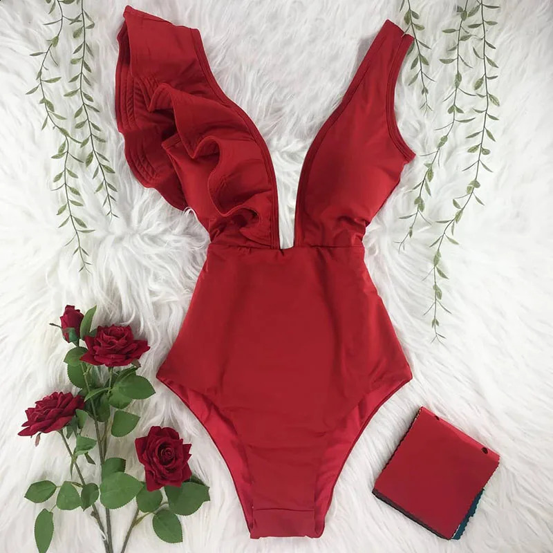 Womens swimsuit pleated onepiece sexy deep Vneck Monokini printed flower push up womens beach wear 240815