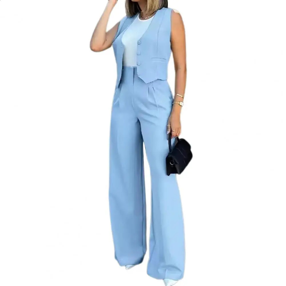 2 Pcs/Set Women Outfit Waistcoat Vest Suit Pants Set Formal Business Single-breasted Top Wide Leg Solid Color OL Outfit 240815
